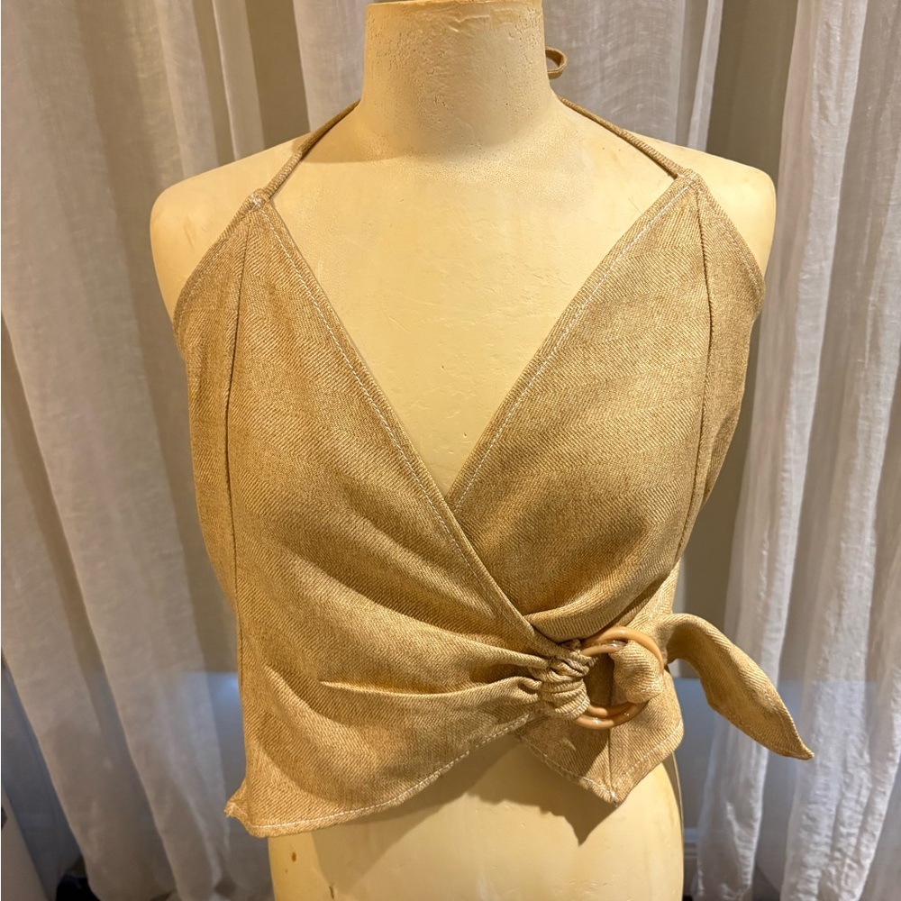 Moon River Beige Halter Wrap Crop Top